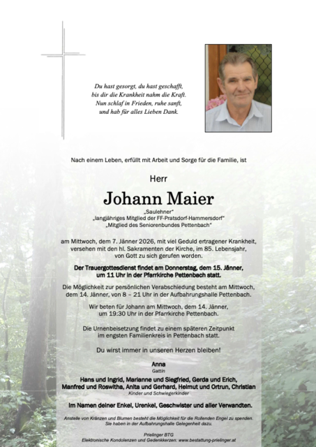 Johann Maier ✝︎ 07.01.2026 | Foto: Bestattung Prielinger
