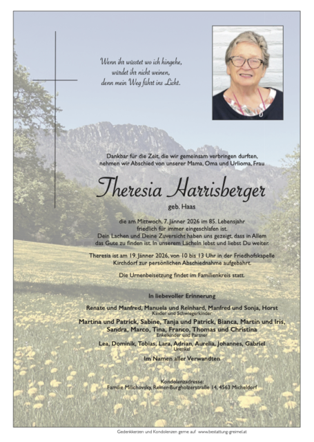 Theresia Harrisberger ✝︎ 07.01.2026 | Foto: Bestattung Greimel