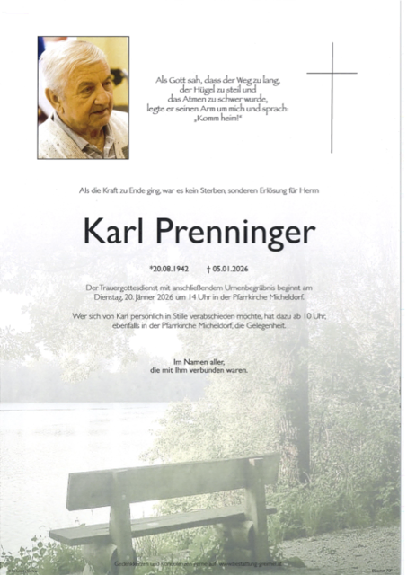     Karl Prenninger ✝︎ 05.01.2026 | Foto: Bestattung Greimel
