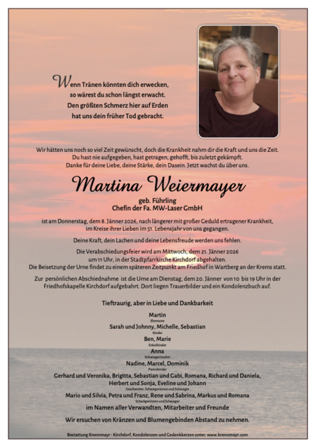     Martina Weiermayer ✝︎ 08.01.2026 | Foto: Bestattung Krennmayr