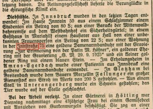Diebstahl in der Innstraße 75, Innsbrucker Nachrichten 1934 | Foto: anno.onb.ac.at