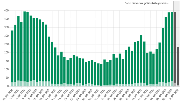 Das SARI-Dashboard zeigt, dass die Hospitalisierungen in Wien bereits das Höchstniveau aus 2025 überschritten haben. | Foto: Screenshot SARI-Dashboard