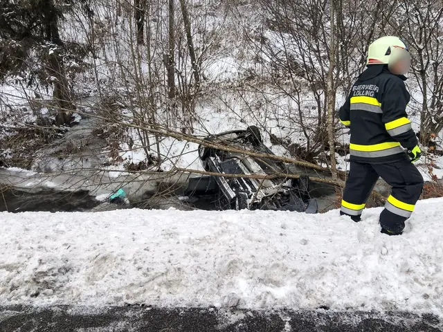 Der Pkw kam am Dach liegend im Bach zum Stillstand. | Foto: Freiwillige Feuerwehr Hüttenberg