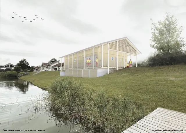 So sieht der Plan für die neue Einsatzstelle am St. Andräer See aus: Damit bekommen die Wasserretter erstmals eine eigene Bleibe. | Foto: Scheiberlammer Architekten