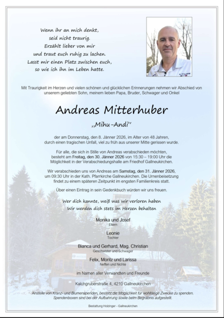 Andreas Mitterhuber aus Gallneukirchen, ✝︎ 48 Jahre | Foto: Bestattung Holzinger