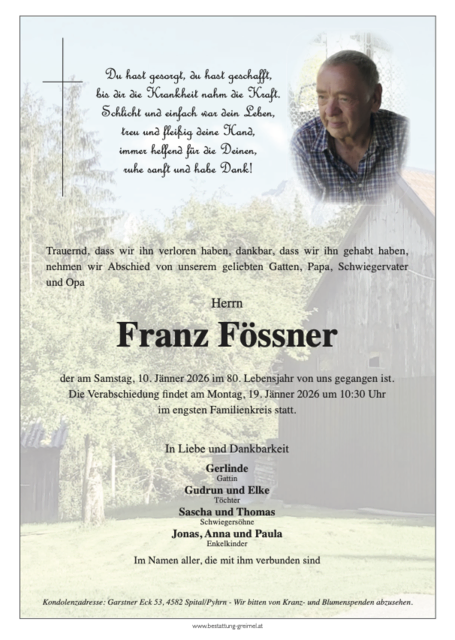 Franz Fössner ✝︎ 10.01.2026 | Foto: Bestattung Greimel