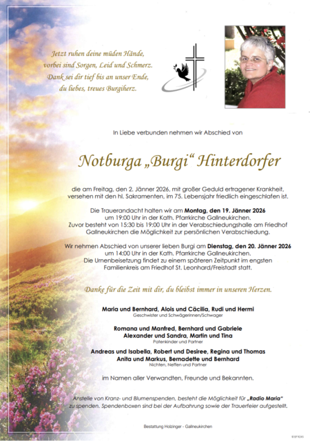 Notburga Hinterdorfer aus Gallneukirchen, ✝︎ 74 Jahre | Foto: Bestattung Holzinger