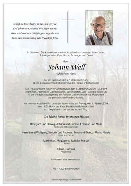 Johann Wall aus Engerwitzdorf, ✝︎ 94 Jahre | Foto: Bestattung Holzinger