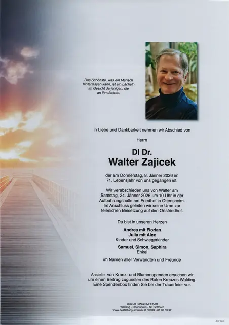 Walter Zajicek aus Ottensheim, ✝︎ 70 Jahre | Foto: Bestattung Smrekar