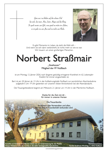 Norbert Straßmair ✝︎ 12.01.2026 | Foto: Bestattung Greimel