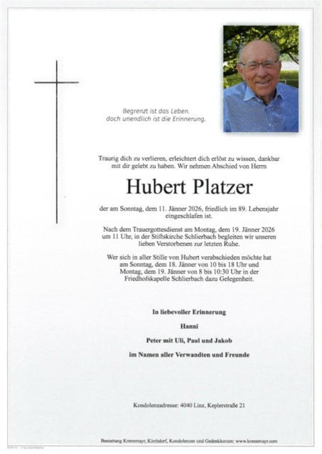 Hubert Platzer ✝︎ 11.01.2026 | Foto: Bestattung Krennmayr