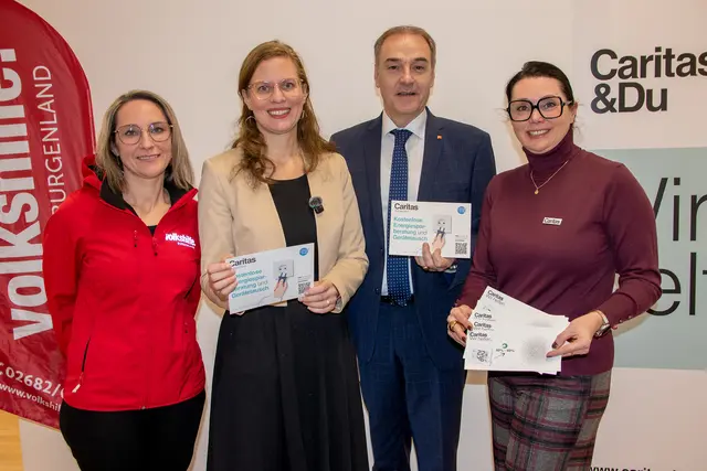 V.l.: Cornelia Halper, Projektleiterin bei der Volkshilfe Burgenland, Landeshauptmann-Stellvertreterin Anja Haider-Wallner, Soziallandesrat Leonhard Schneemann und Caritas-Burgenland-Direktorin Melanie Balaskovics  | Foto: Landesmedienservice Burgenland