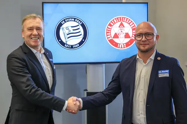 Schulterschluss: Sturm-Präsident Christian Jauk und GAK-Obmann Rene Ziesler (r.) einigten sich auf ein gemeinsames Stadion-Projekt. | Foto: GEPA Pictures