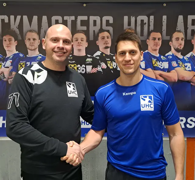 UHC-Trainer Vlatko Mitkov begrüßt Neuzugang Mladan Jovanovic | Foto: UHC Hollabrunn