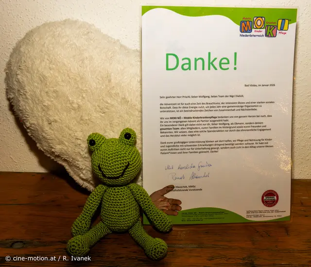 Die Dankesurkunde und das Maskottchen - ein grüner Frosch für diese Partnerschaft und Spendenaktion. | Foto: cine-motion.at / R. Ivanek