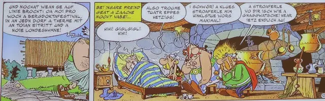 "Also troume tuatr eppas Hetzigs" meint Asterix über Miraculix, der von Obelix Hinkelstein getroffen wurde.  | Foto: Tatschl