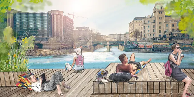 Am linken Ufer, auf Höhe der Aspernbrücke, ist die Errichtung einer rund 200 Quadratmeter großen Sonnenterrasse geplant. | Foto: Visualisierung/message