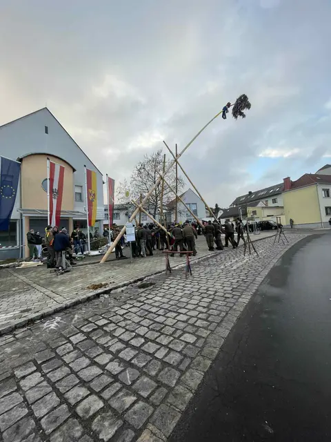 Am Freitag wurde der Kirtagsbaum vor dem Gemeindeamt aufgestellt.  | Foto: Joy Diewald