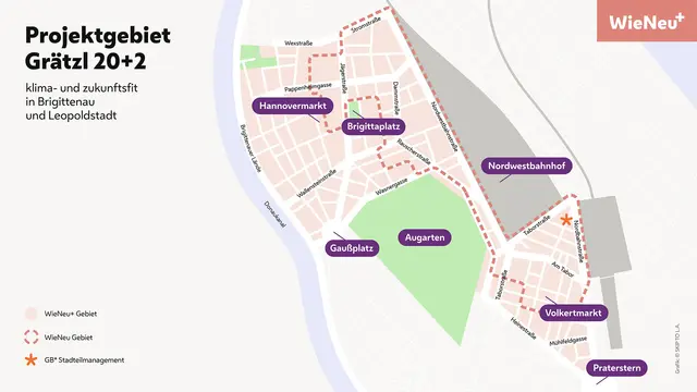 Das Grätzl 20 + 2 fasst das Gebiet im 20. Bezirk bis Donaukanal und Stromstraße mit dem Volkert- und Alliiertenviertel zusammen. Die Nordwestbahnstraße verbindet die beiden Projektgebiete. | Foto: SkipToLA