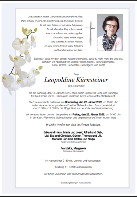 Leopoldine Kürnsteiner aus Gallneukirchen, ✝︎ 95 Jahre | Foto: Bestattung Holzinger