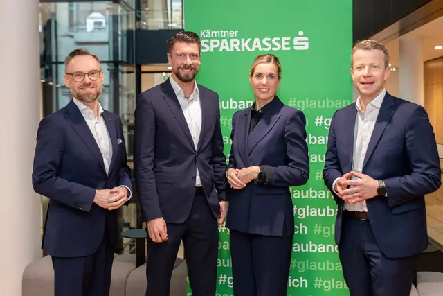 Die Vorsorgestudie präsentierten Sparkasse-Vorstand Michael Koren, Kevin Müller
(Bereichsleiter Privatkunden Kärntner Sparkasse), Sonja Brandtmayer (Generaldirektor-Stv.
Wiener Städtische Versicherung), IMAS-Studienautor Paul Eiselsberg und Vertriebsdirektor
Hannes Greiler (Wiener Städtische Team s Versicherung Kärnten) | Foto: Gernot Gleiss