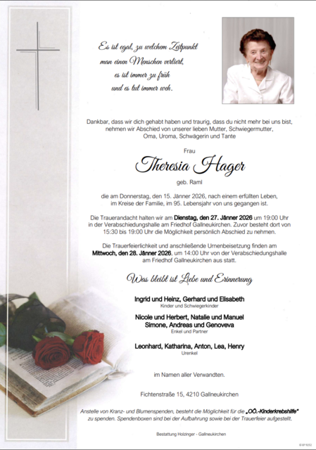 Theresia Hager aus Gallneukirchen, ✝︎ 94 Jahre | Foto: Bestattung Holzinger