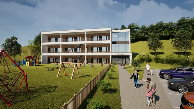 Der neue Kindergarten in Seewalchen soll fünf Gruppen unterbringen. | Foto:  Gebetsberger ZT GmbH