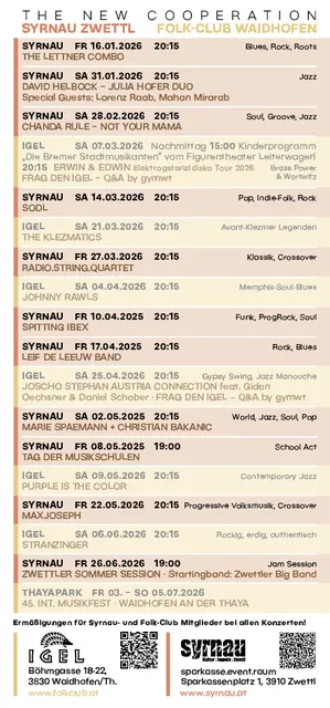 Programmübersicht Frühjahr 2026 - ebenfalls mit den Terminen des Partnervereins Syrnau Zwettl. | Foto: Folkclub Waidhofen/Thaya