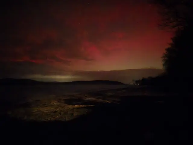 Polarlichter färben in der Nacht auf den 19. Jänner 2026 den Himmel über Pilgersdorf rötlich und violett. | Foto: Michelle Posch/Unwetter Österreich