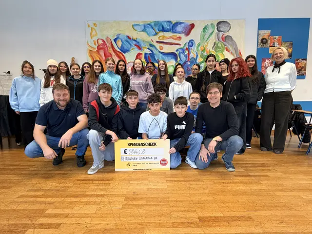 Die 4A Klasse des Reithmann Gymnasiums mit Direktor Stellvertreterin Prof. Barbara Hüttinger (rechts) und Prof. Julian Egger (Mitte rechts) und Geschäftsleiter Florian Klotz (Mitte links). | Foto: ©Reithmanngaymnasium