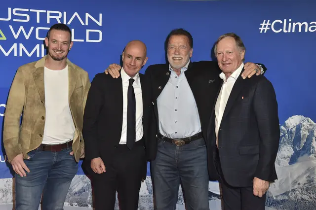 Dominik Paris, Johann Eliasch, Arnold Schwarzenegger und Franz Klammer beim "Special Dinner for Climate Action 2026" im Stanglwirt. | Foto: The Schwarzenegger Climate Initiative