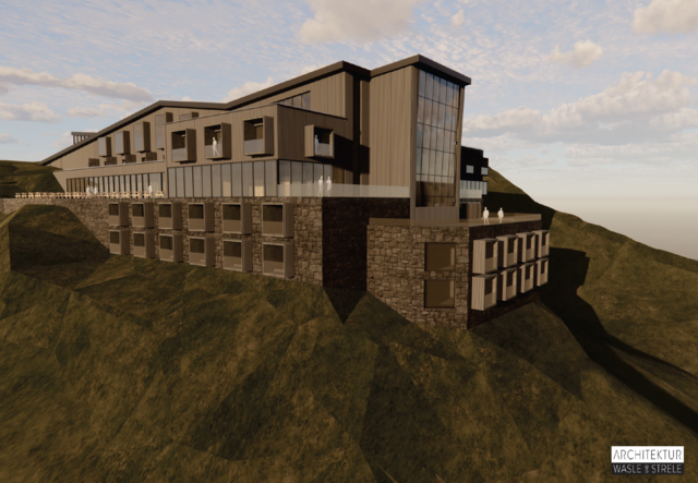 Diese Visualisierung zeigt, wie der Umbau der ehemaligen Bergstation am Hahnenkamm zum Hotel aussehen würde. | Foto: Architekturbüro Wasle &amp; Strele