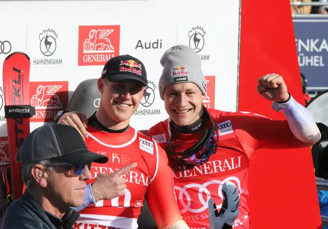 Schweizer Doppelsieg: Franjo van Allmen (2.) und Sieger Marco Odermatt, der den 53. Triumph in seiner Weltcup-Laufbahn feiern konnte. | Foto: Gerald Habison