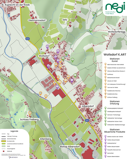 Kern des Projekts ist ein differenziert ausgearbeiteter Rundgang mit mehreren thematischen Ebenen: einem Kunsttrail, Erholungsstationen, Stationen, mit regionalen bäuerlichen Produkten und dörfliche Ressourcen, ergänzt durch sakrale Elemente im Landschaftsraum. | Foto: David Kraxner - Der Kartograph