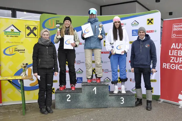 Mit einer fabelhaften Zeit von 50,64s sicherte sich Laura Fischbacher von der Landjugend Enns-Pongau den Sieg in der Kategorie Ski Damen über 18 Jahre. (v.l.n.r. Landesleiterin Sarah Nestler, zweitplatzierte Skifahrerin Linda Fischbacher, Siegerin Laura Fischbacher, drittplatzierte Fahrerin Valentina Feuchter, Landesleiter Noah Fischer) | Foto: Landjugend Salzburg