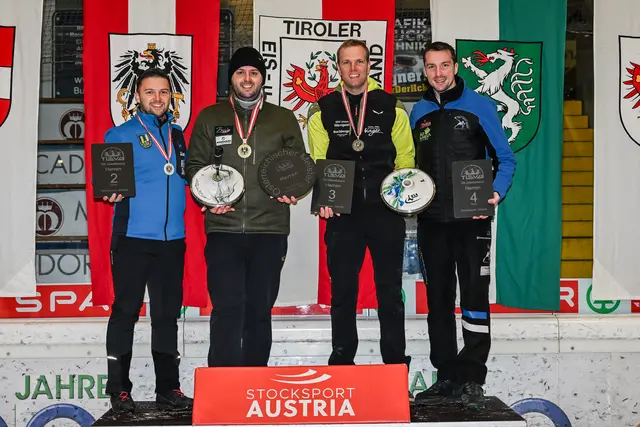 Siegerehrung Herren vl. Kevin Kronewetter (Silber), Mathias Adler (Gold), Markus Rothberger (Bronze), Mario Weingartmann (Platz 4)
 | Foto: BÖE/Herbert Pendl