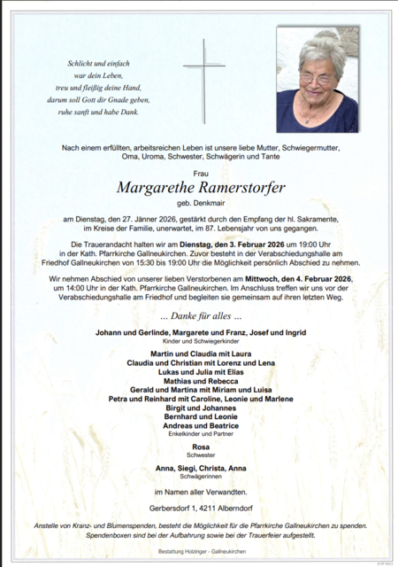 Margarethe Ramerstorfer aus Gallneukirchen, 86 Jahre | Foto: Bestattung Holzinger