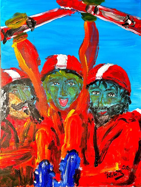 Mundmaler Paulus Ploier, Titel: Die rot-weiß-roten Teufel (2026), Technik: Mundmalerei Acryl auf Leinen | Foto: www.paulus-art.at