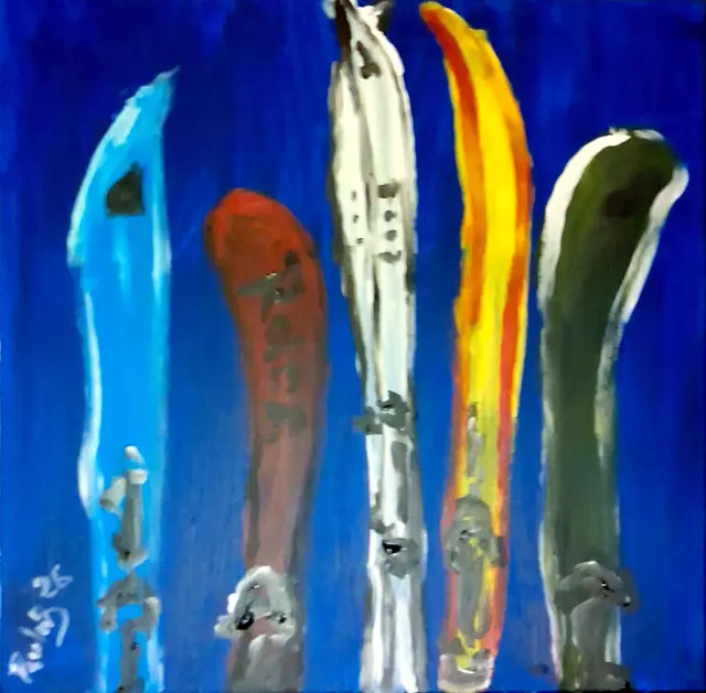 Mundmaler Paulus Ploier, Titel: Im Skistall (2026), Mundmalerei Acryl auf Leinen | Foto: www.paulus-art.at