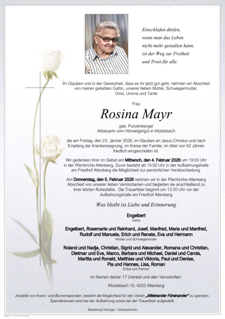 Rosina Mayr aus Altenberg, ✝︎ 92 Jahre | Foto: Bestattung Holzinger