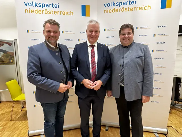 Lukas Michlmayr, ÖVP, aus Stadt Haag, Finanzlandestat Anton Kasser und Mario Wührer, ÖVP, Waidhofen/Ybbs.
"Die vergangenen Jahre haben gezeigt, dass Frieden in Europa keine Selbstverständlichkeit ist und sicherheitspolitische Veränderungen sehr schnell eintreten können", so Michlmayr. | Foto: Dietl-Schuller