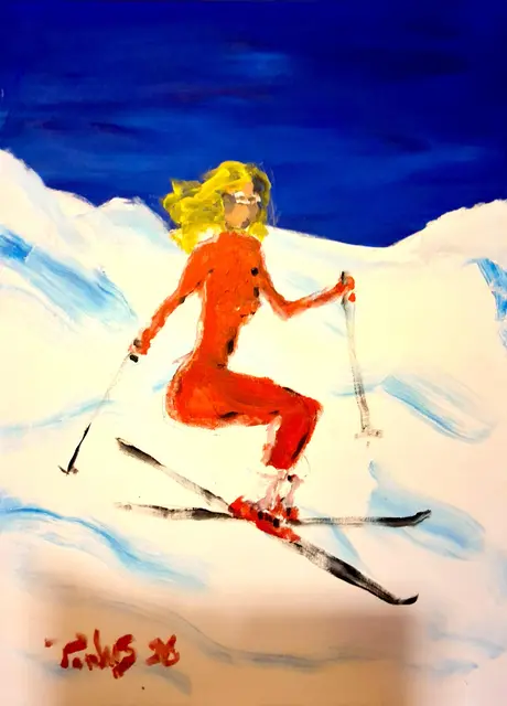 Mundmaler Paulus Ploier, Titel: Skispaß (2026), Mundmalerei Acryl auf Leinen | Foto: www.paulus-art.at