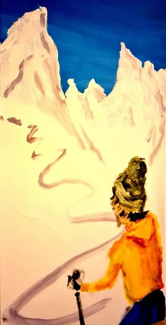 Mundmaler Paulus Ploier, Titel: Wedelgenuss (2026), Mundmalerei Acryl auf Leinen | Foto: www.paulus-art.at