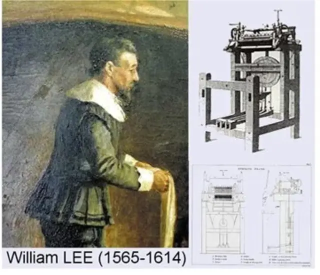 Bild 10 und 11: William Lee mit der von ihm erfundenen Strickmaschine | Foto: Wikipedia