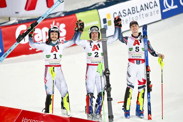 Norwegischer Doppelsieg auf der Planai: Henrik Kristoffersen gewann zum fünften Mal in Schladming, Atle Lie McGrath (links) wurde Zweiter, Clement Noel (FRA) Dritter. | Foto: GEPA