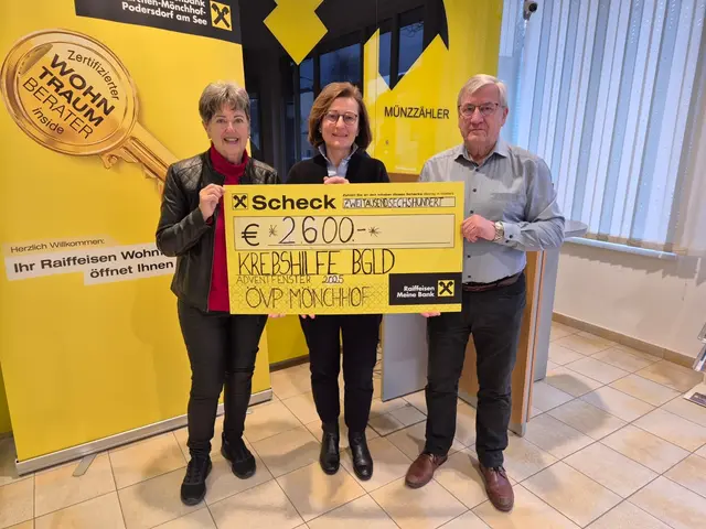 Im Rahmen der Adventfenster-Aktion 2025 der ÖVP Mönchhof konnte ein Spendenerlös von 2.600 Euro erzielt werden.  | Foto: Krebshilfe Burgenland