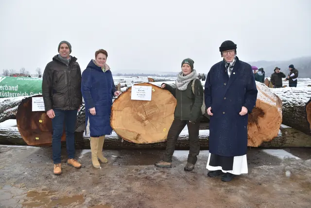 NÖ Waldverband-GF Ulrich Schwaiger, Landwirtschaftskammer NÖ-Vizepräsidentin Andrea Wagner, Revierassistentin im Forstbetrieb Niederkreuzstetten GmbH Julia Keita und Abt des Stiftes Heiligenkreuz Maximilian Heim. | Foto: Mirjam Preineder