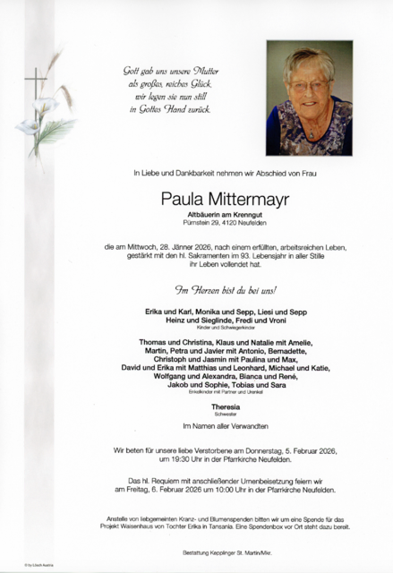 Paula Mittermayr, 92 Jahre | Foto: Bestattung Kepplinger