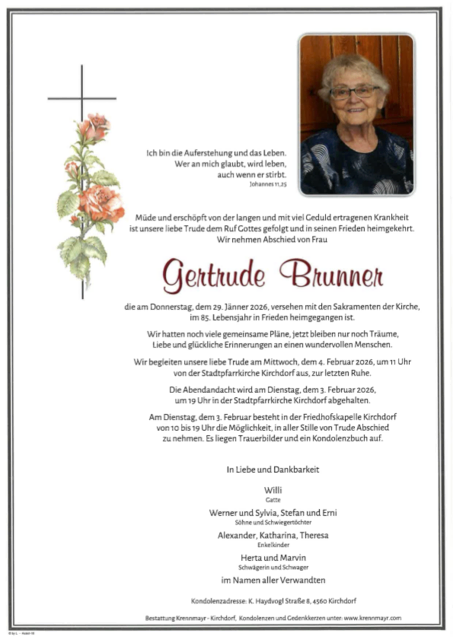 Gertrude Brunner ✝︎ 28.01.2026 | Foto: Bestattung Krennmayr