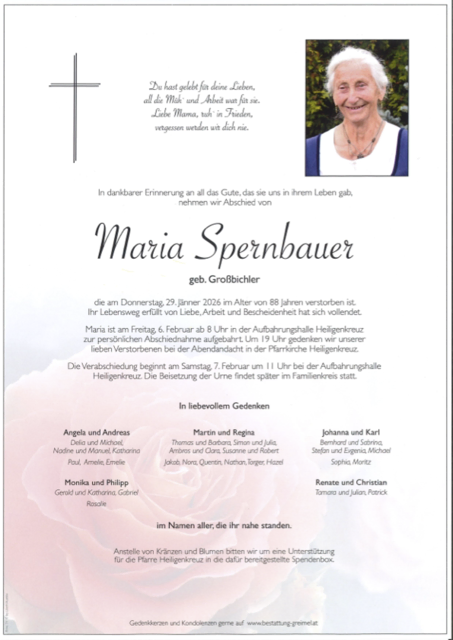 Maria Spernbauer ✝︎ 29.01.2026 | Foto: Bestattung Greimel